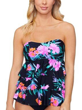 Island Escape Black Floral Triple-Tier Bandeau Tankini Swim Top ( 6 )